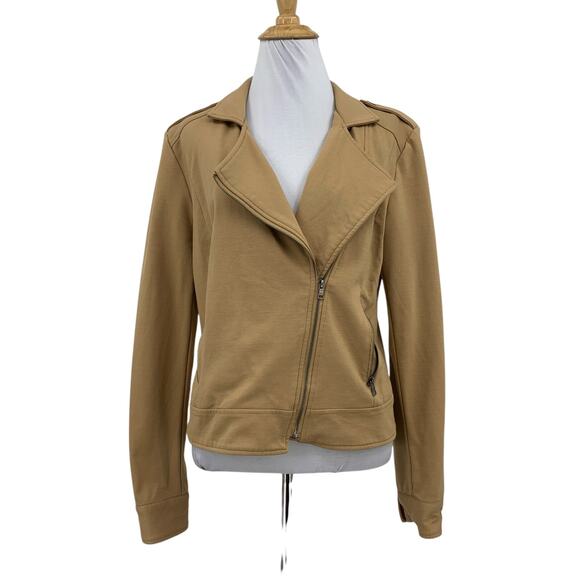 BCBGMaxazria Jacket Womens M Medium Camel Moto Zip Notch Shoulder Pad Pockets - Picture 1 of 12